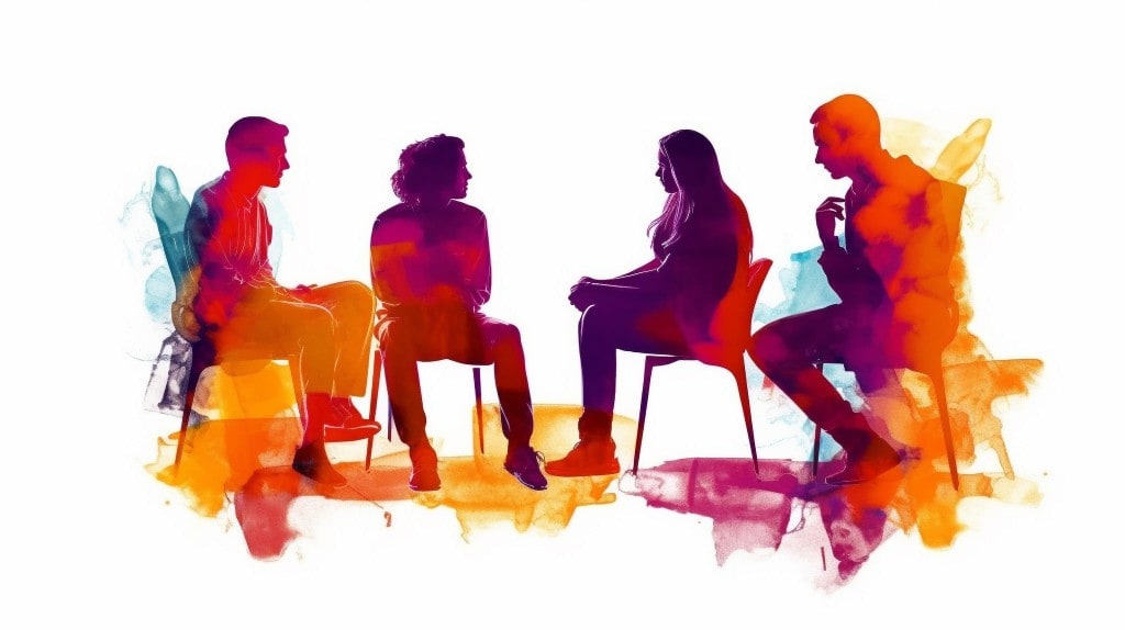 Green Thumb Initiative illustration of people gathered in supportive conversation